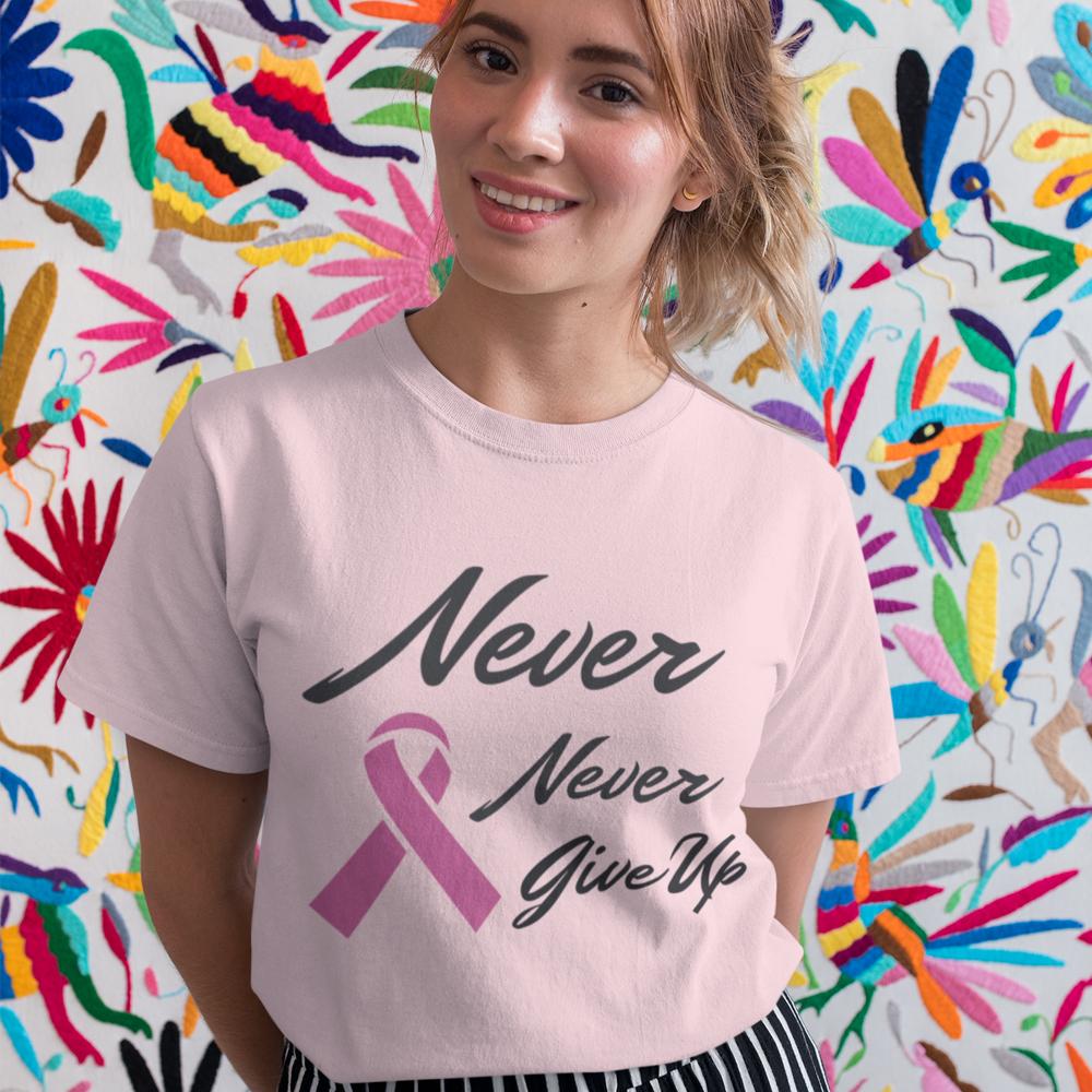 Never Never Give Up Pink Ribbon Awareness T-Shirt.