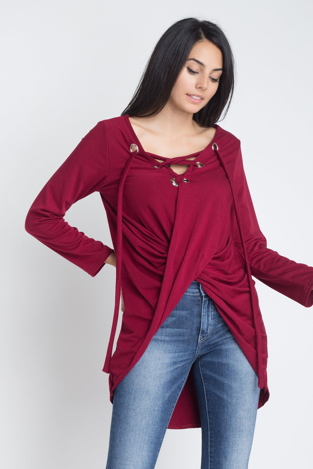 Women's Lace Up Wrap Long Sleeve Top.
