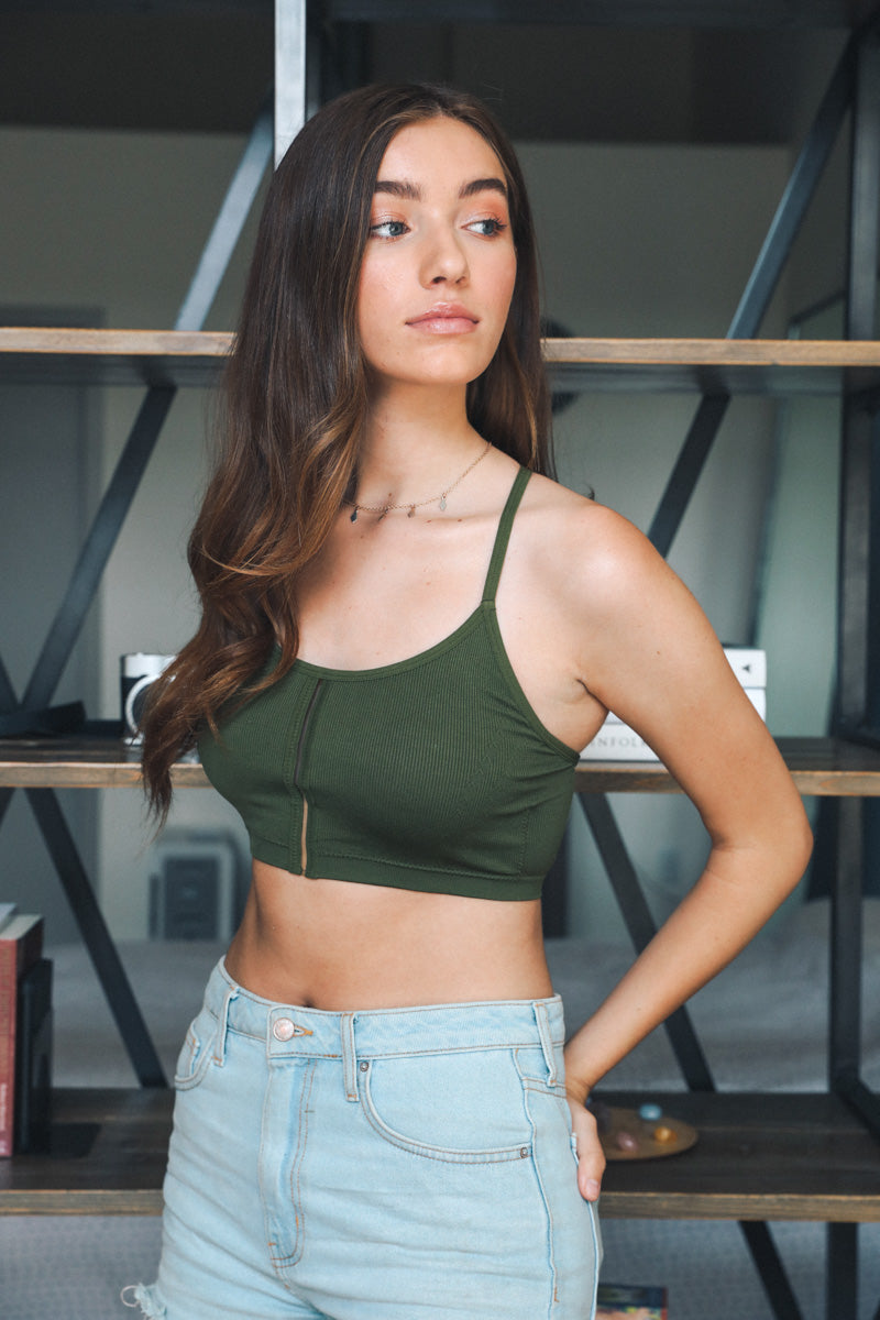 Seamless pullover bralette army color front view.