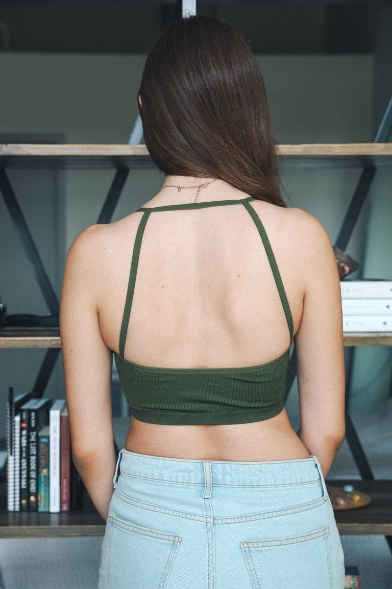 Seamless pullover bralette army color back view.