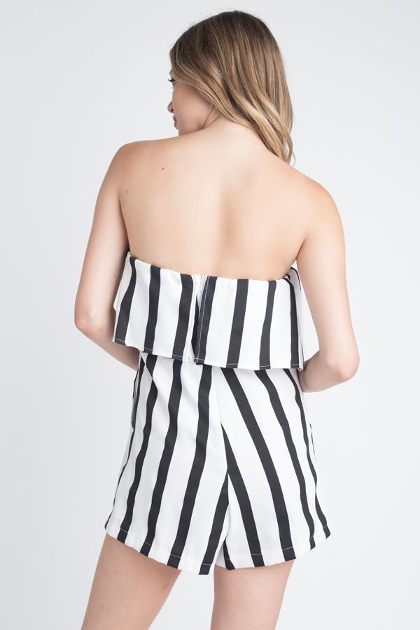 Women's Strapless Stripe Pocket Romper.